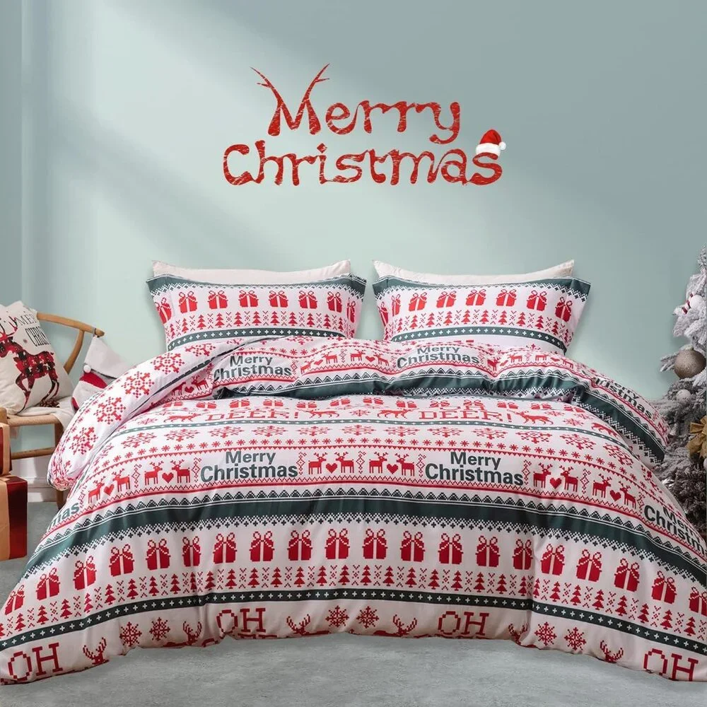 Mildly Merry Christmas Deer  Snowflakes Themed Duvet Comforter Cover Set-Queen